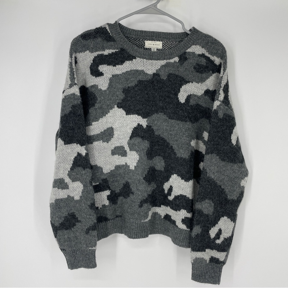 lucky brand sz m women's grey multi camo sweater soft knit wool